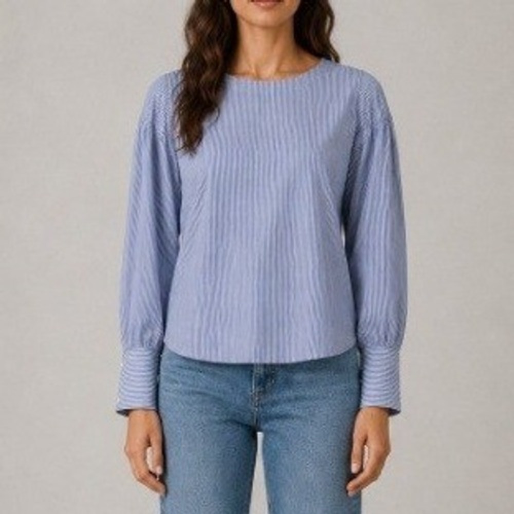 Sienna Sky Women's Blue White Striped Puff Shoulder Pearl Back Button Top Size M - Picture 1 of 9